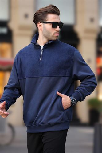 Lacivert Dik Yaka Yarım Fermuarlı Polar Sweatshirt 7096