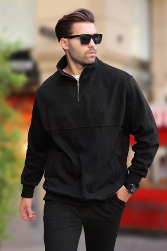 Siyah Dik Yaka Yarım Fermuarlı Polar Sweatshirt 7096