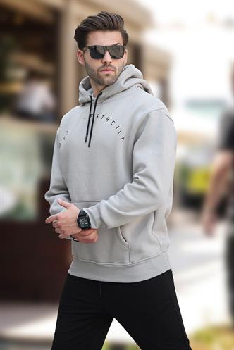 Boyalı Gri Kapüşonlu Cep Detaylı Nakışlı Erkek Sweatshirt 7054