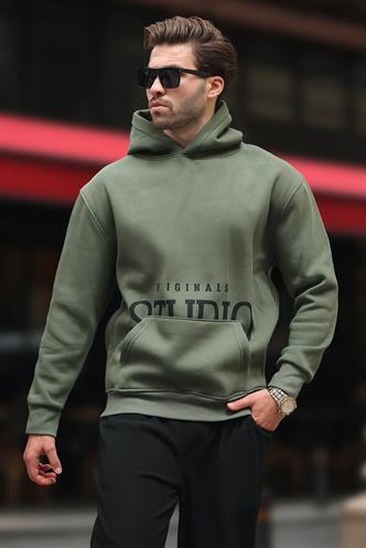 Haki Kapüşonlu Baskılı Cep Detaylı Sweatshirt E7076