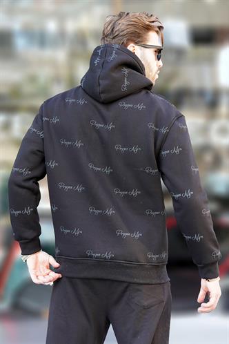 Siyah Baskılı Kapşonlu Cep Detaylı Erkek Sweatshirt 7075