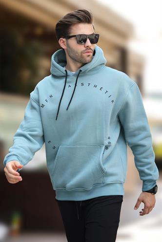 Mavi Kapüşonlu Cep Detaylı Nakışlı Erkek Sweatshirt 7054