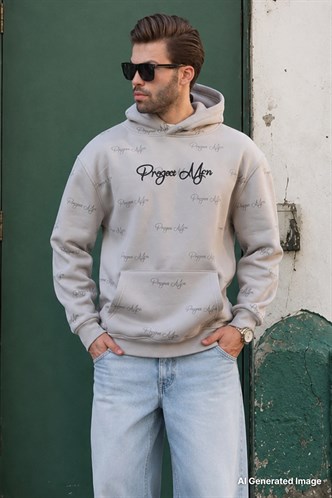 Boyalı Gri Baskılı Kapşonlu Cep Detaylı Erkek Sweatshirt 7075