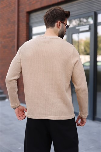 Bej Bisiklet Yaka Fermuar Detaylı Erkek Triko Sweatshirt E7209