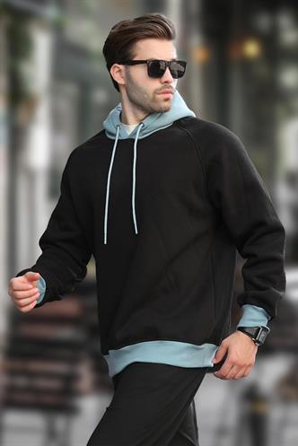 Siyah Renk Bloklu Kapüşonlu Sweatshirt 7073