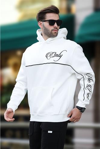 Ekru Kapüşonlu Şerit Detaylı Baskılı Erkek Sweatshirt 7091