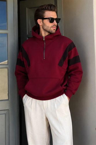 Bordo Fermuarlı Yaka Kapüşonlu Erkek Sweatshirt E7161