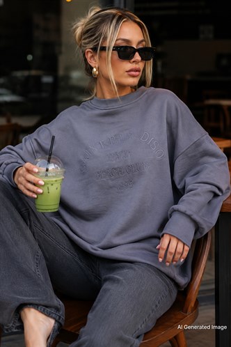 Füme Bisiklet Yaka Baskılı Sweatshirt MG1924