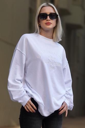 Beyaz Bisiklet Yaka Baskılı Sweatshirt MG1924
