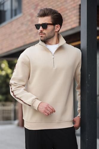 Bej Fermuarlı Yarım Balıkçı Yaka Erkek Sweatshirt E7164