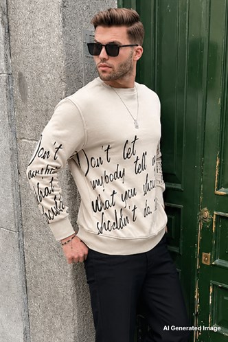 Bej Baskılı Bisiklet Yaka Sweatshirt 6156