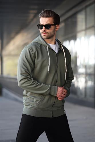 Haki Yeşili Fermuarlı Kapüşonlu Sweatshirt 6161