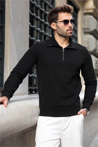 Siyah Dik Yaka Yarım Fermuarlı Erkek Sweatshirt E7211