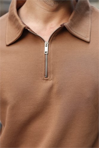 Vizon Yarım Fermuarlı Polo Yaka Dokulu Erkek Sweatshırt E7197