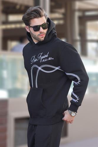 Siyah Baskılı Kapşonlu Cep Detaylı Erkek Sweatshirt 7067