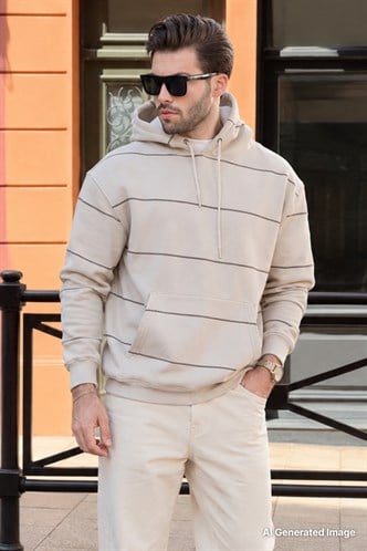 Bej Kapüşonlu Cep Detaylı Çizgili Erkek Sweatshirt 7063