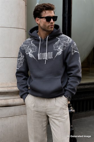 Füme Kapüşonlu Cep Detaylı Baskılı Erkek Sweatshirt 7052
