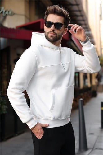 Ekru Kanguru Cepli Kapüşonlu Erkek Sweatshirt E7218