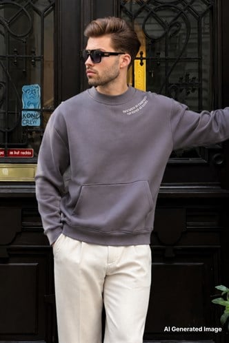 Füme Bisiklet Yaka Nakış Detaylı Cepli Erkek Sweatshirt 7049