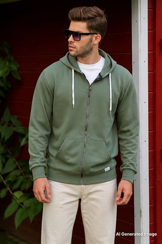 Haki Yeşili Fermuarlı Kapüşonlu Sweatshirt 6161