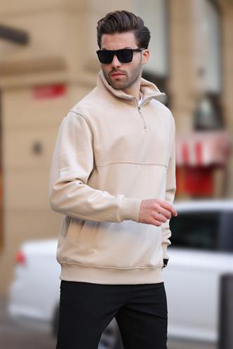 Bej Dik Yaka Yarım Fermuarlı Polar Sweatshirt 7096