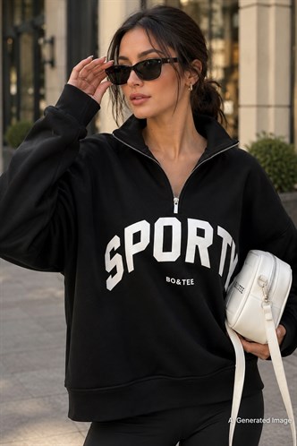 Siyah Yarım Fermuarlı Baskılı Sweatshirt MG2212