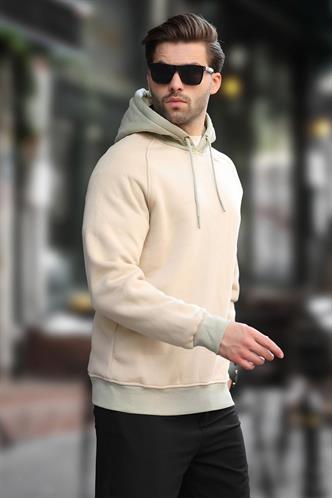 Bej Renk Bloklu Kapüşonlu Sweatshirt 7073