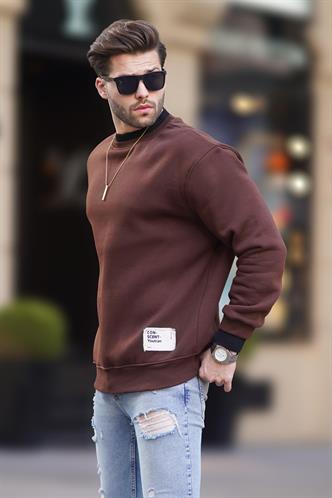Acı Kahverengi Bisiklet Yaka Oversize Şardonlu Arma Detaylı Erkek Sweatshirt 7043