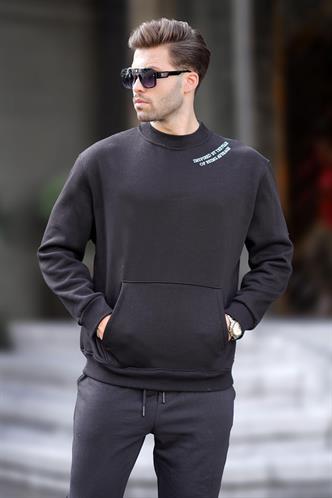 Siyah Bisiklet Yaka Nakış Detaylı Cepli Erkek Sweatshirt 7049