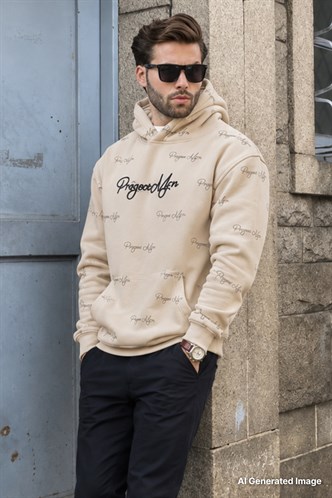 Bej Baskılı Kapşonlu Cep Detaylı Erkek Sweatshirt 7075