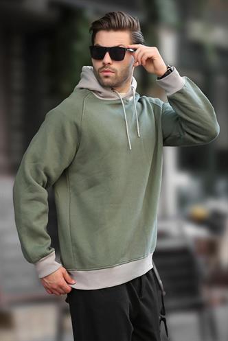 Haki Renk Bloklu Kapüşonlu Sweatshirt 7073