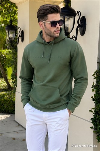 Haki Yeşili Kapüşonlu Basic Sweatshirt 6014