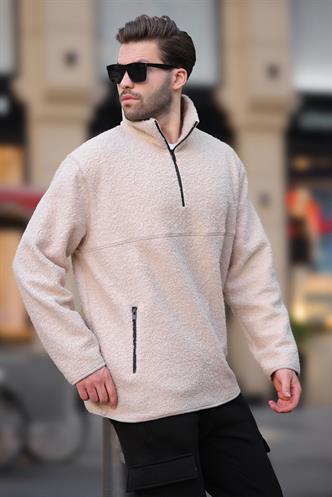 Ekru Dik Yaka Yarım Fermuarlı Buklet Sweatshirt 7084