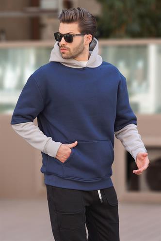 Lacivert Kapüşonlu Cep Detaylı Erkek Sweatshirt 7071