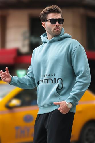 Mavi Kapüşonlu Baskılı Cep Detaylı Sweatshirt E7076