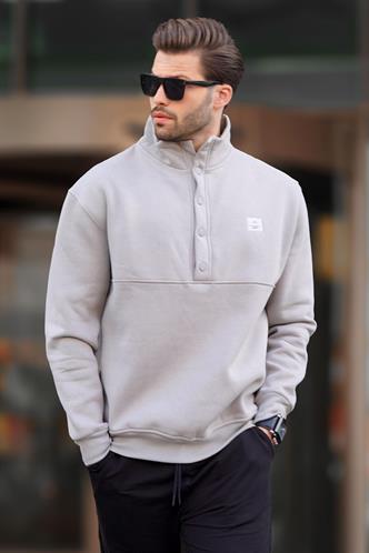 Boyalı Gri Dik Yakalı Düğme Detaylı Erkek Sweatshirt 7060