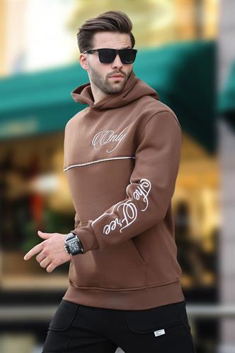 Kahverengi Kapüşonlu Şerit Detaylı Baskılı Erkek Sweatshirt 7091