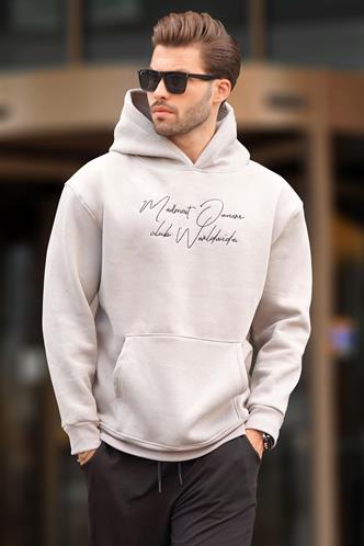 Boyalı Gri Kapüşonlu Cep Detaylı Baskılı Erkek Sweatshirt 7064