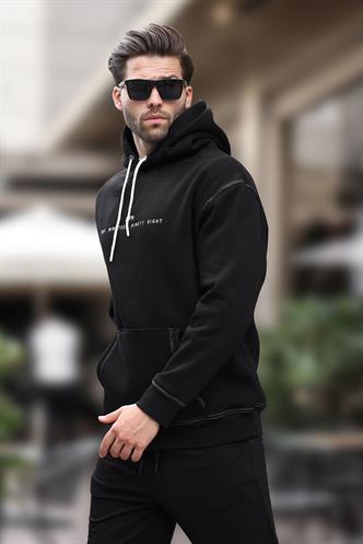 Siyah Kapüşonlu Nakış Detaylı Cepli Erkek Sweatshirt 7066