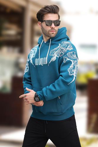 Petrol Mavisi Kapüşonlu Cep Detaylı Baskılı Erkek Sweatshirt 7052