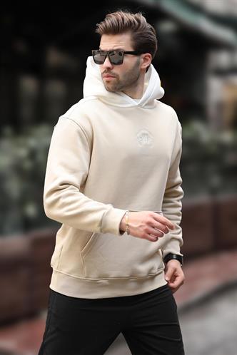 Bej Kapüşonlu Renk Bloklu Nakış Detaylı Erkek Sweatshirt 7088