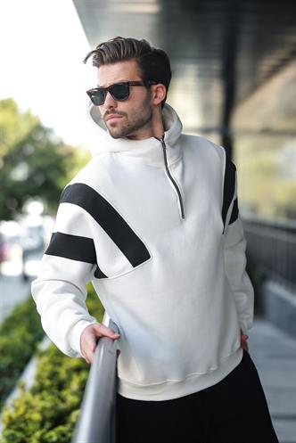Ekru Fermuarlı Yaka Kapüşonlu Erkek Sweatshirt E7161