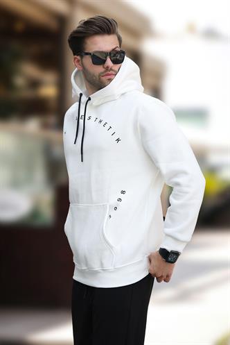 Ekru Kapüşonlu Cep Detaylı Nakışlı Erkek Sweatshirt 7054