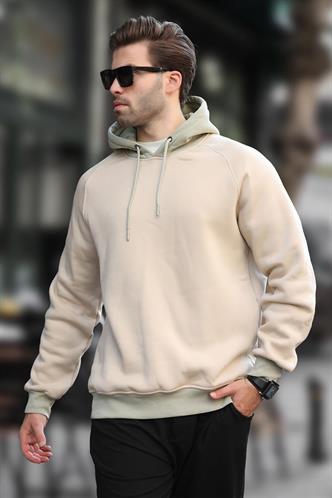 Bej Renk Bloklu Kapüşonlu Sweatshirt 7073