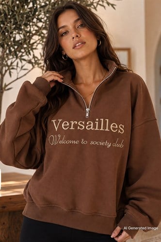 Kahverengi Yarım Fermuarlı Baskılı Sweatshirt MG2240