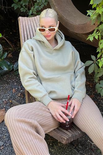 Çağla Yeşili Kapüşonlu Şardonlu Oversize Cepli Sweatshirt MG2206