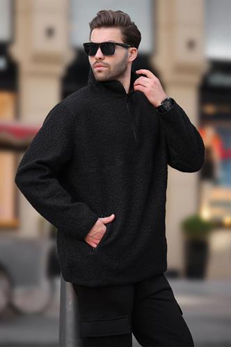 Siyah Dik Yaka Yarım Fermuarlı Buklet Sweatshirt 7084