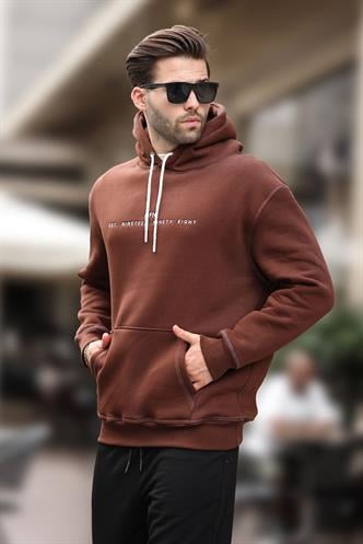 Acı Kahverengi Kapüşonlu Nakış Detaylı Cepli Erkek Sweatshirt 7066
