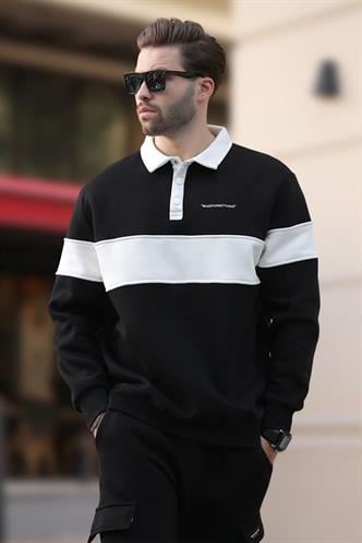 Siyah Düğme Yaka Renk Bloklu Erkek Sweatshirt 7072