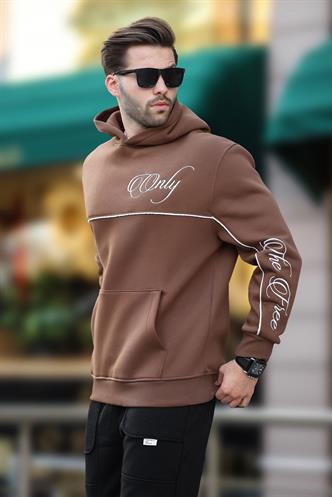 Kahverengi Kapüşonlu Şerit Detaylı Baskılı Erkek Sweatshirt 7091